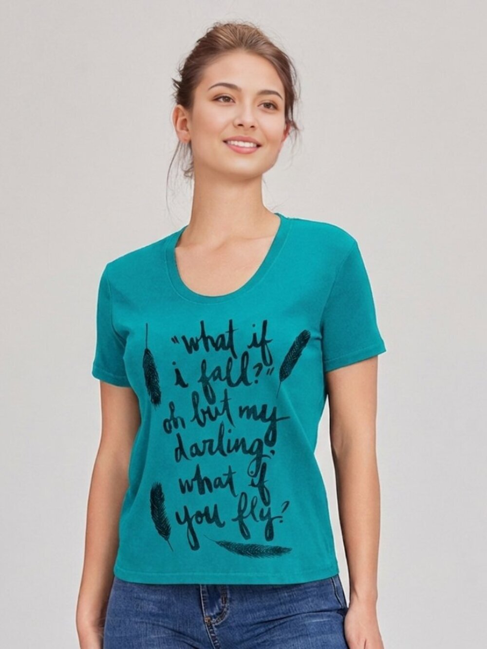 Legend Turquoise 100% Cotton Graphic Feathers Text Scoop Neck T-Shirt Top